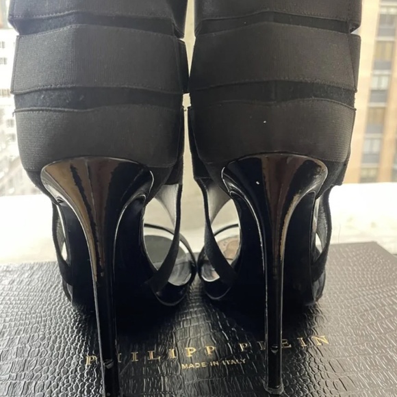 🔥 Philipp  Plein High Heel Sandals Black Multi Straps and logo crystal - Picture 4 of 5